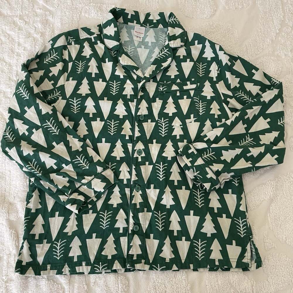 Hanna Andersson Adult Unisex Flannel Button Pajama Top Small Holiday Trees Green